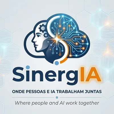 SinergIA — Onde pessoas e IA trabalham juntas. Ícone híbrido unindo rosto humano e circuitos neurais digitais