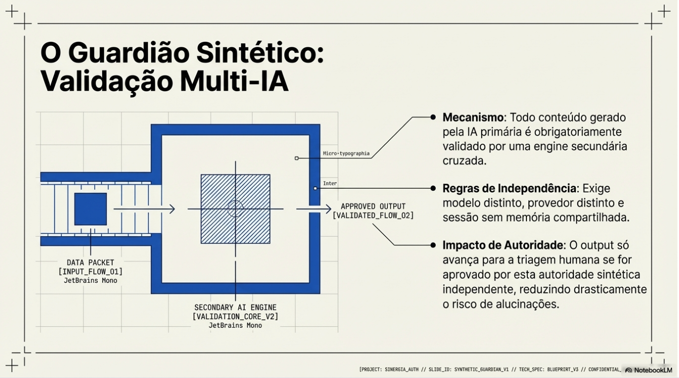 O Guardião Sintético — papel da IA secundária na validação cruzada de artefatos, reduzindo alucinações e garantindo confiabilidade antes da revisão humana